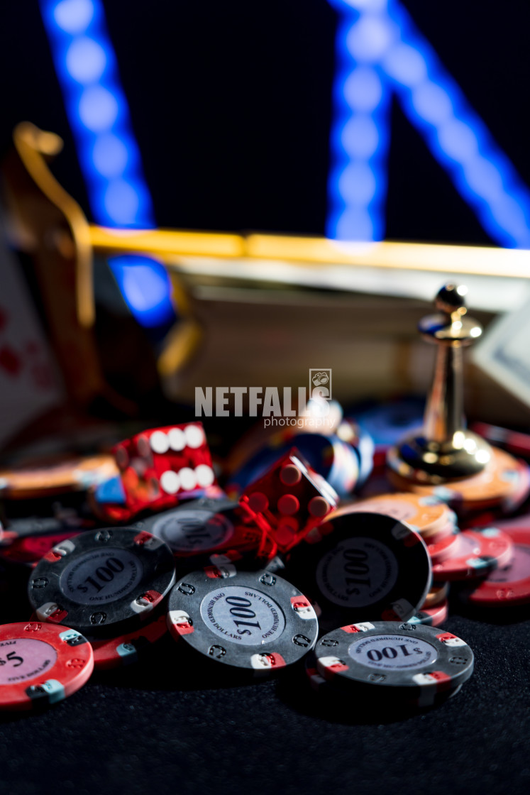 "Casino set with Roulette, cards, dice and chips" stock image