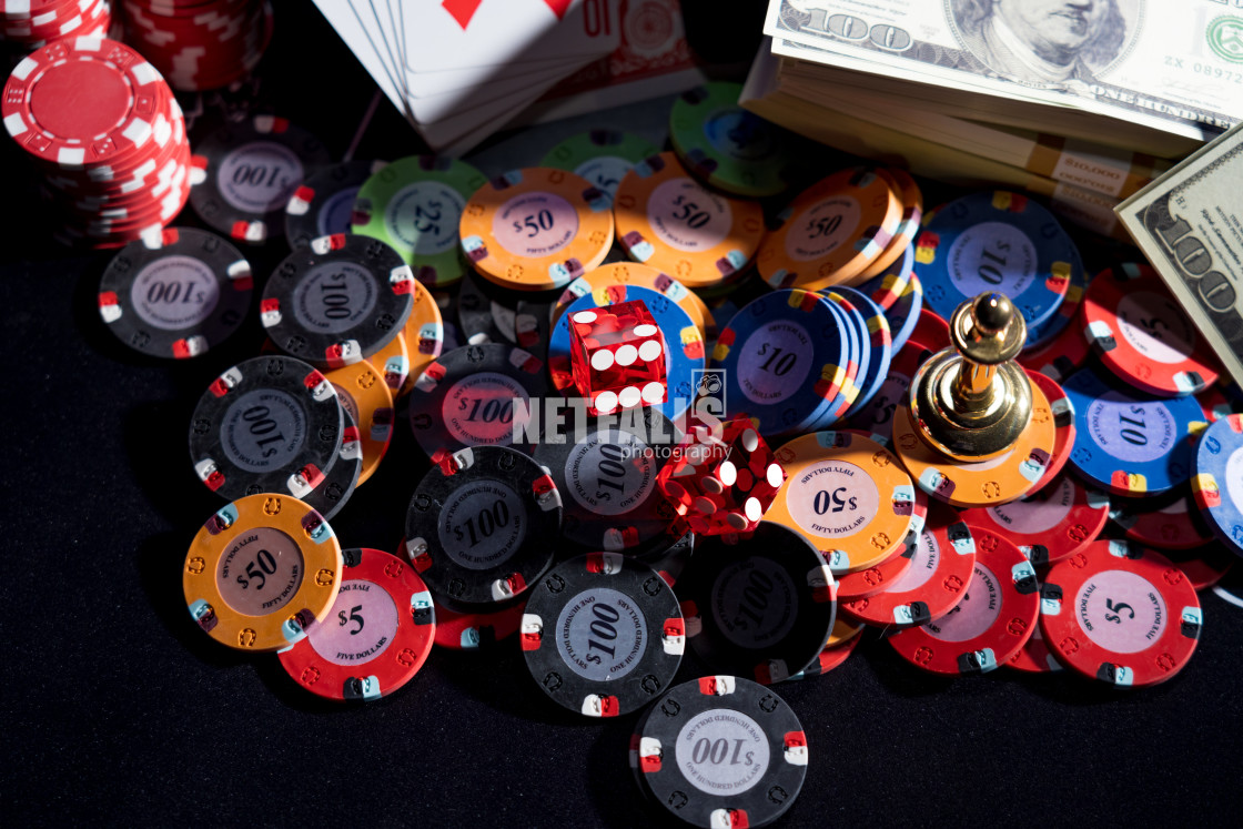 "Casino set with Roulette, cards, dice and chips" stock image