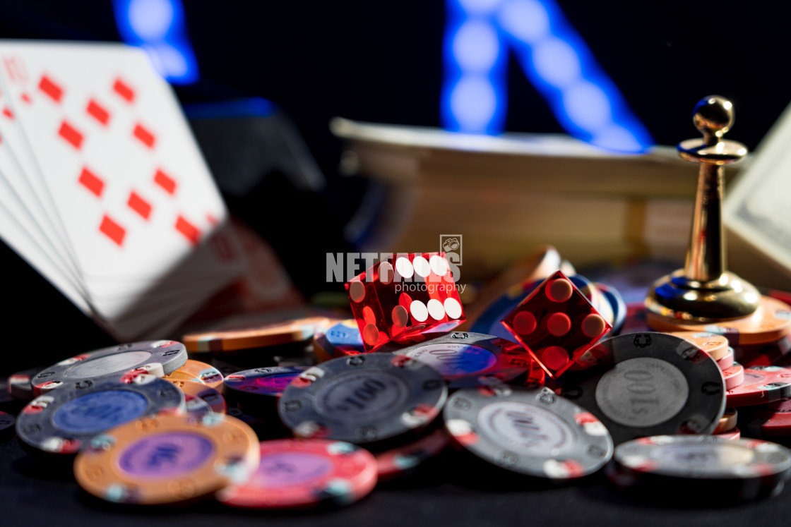 "Casino set with Roulette, cards, dice and chips" stock image