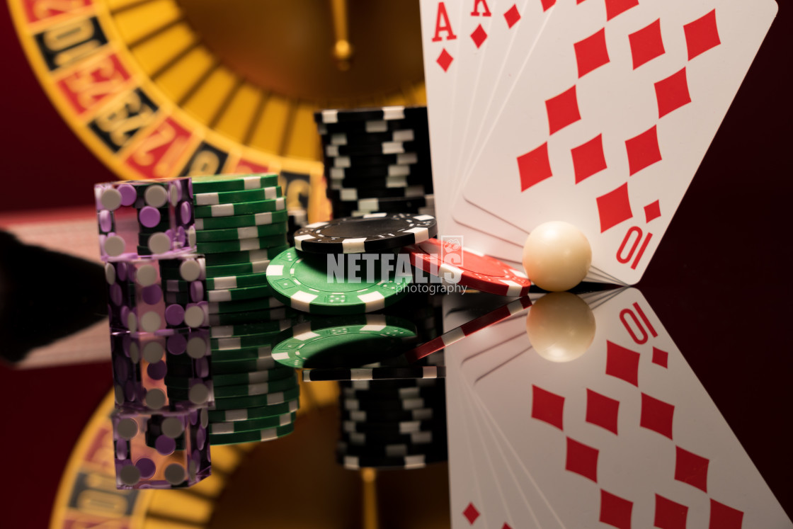 "Casino set with Roulette, cards, dice and chips" stock image