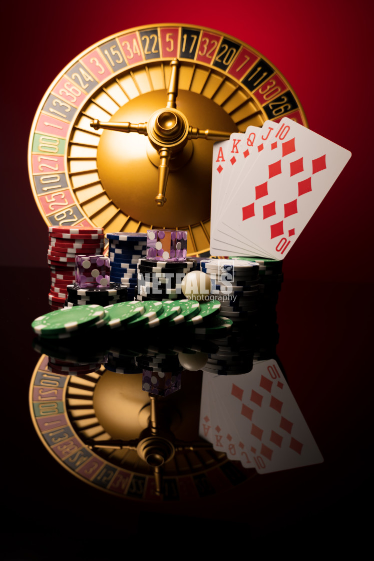 "Casino set with Roulette, cards, dice and chips" stock image