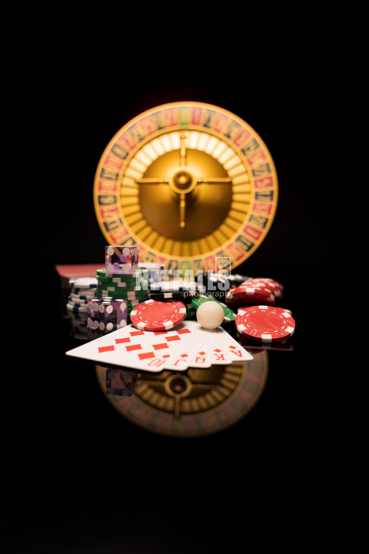 "Casino set with Roulette, cards, dice and chips" stock image