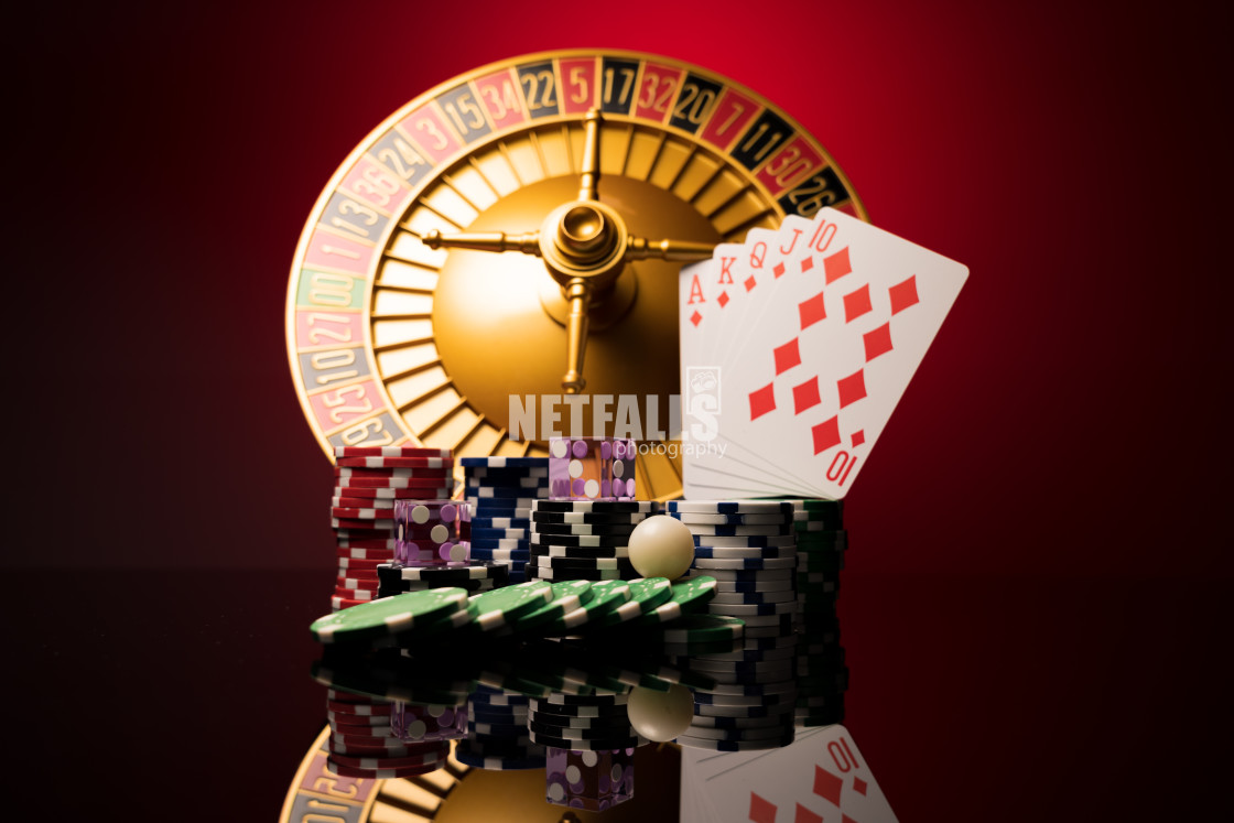 "Casino set with Roulette, cards, dice and chips" stock image