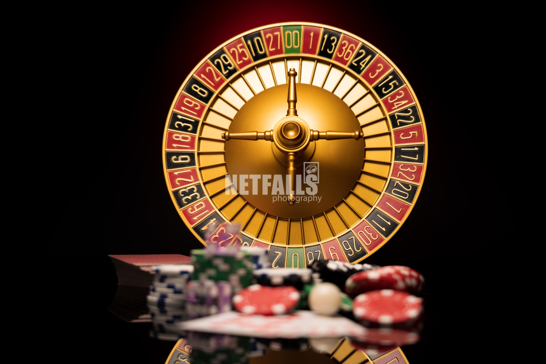 "Casino set with Roulette, cards, dice and chips" stock image