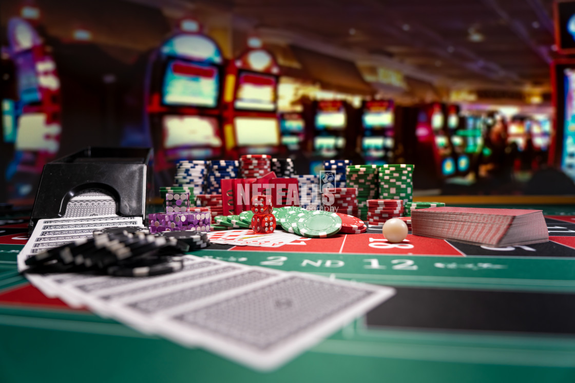 "Casino set with Roulette, cards, dice and chips" stock image