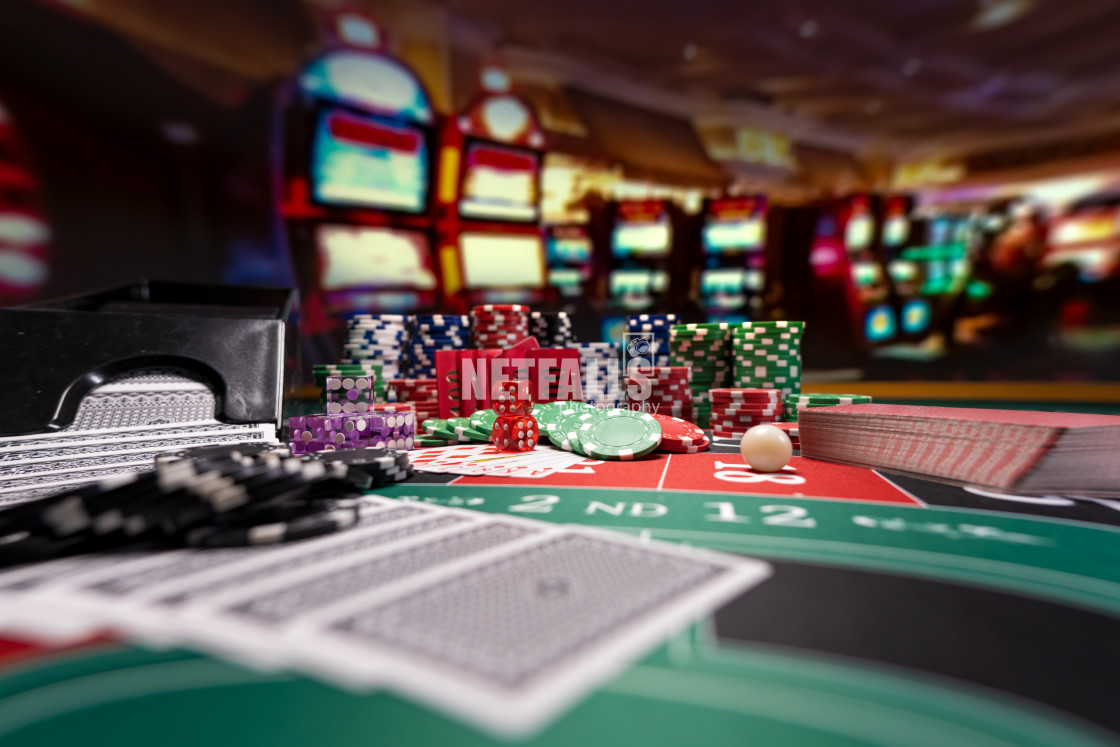 "Casino set with Roulette, cards, dice and chips" stock image