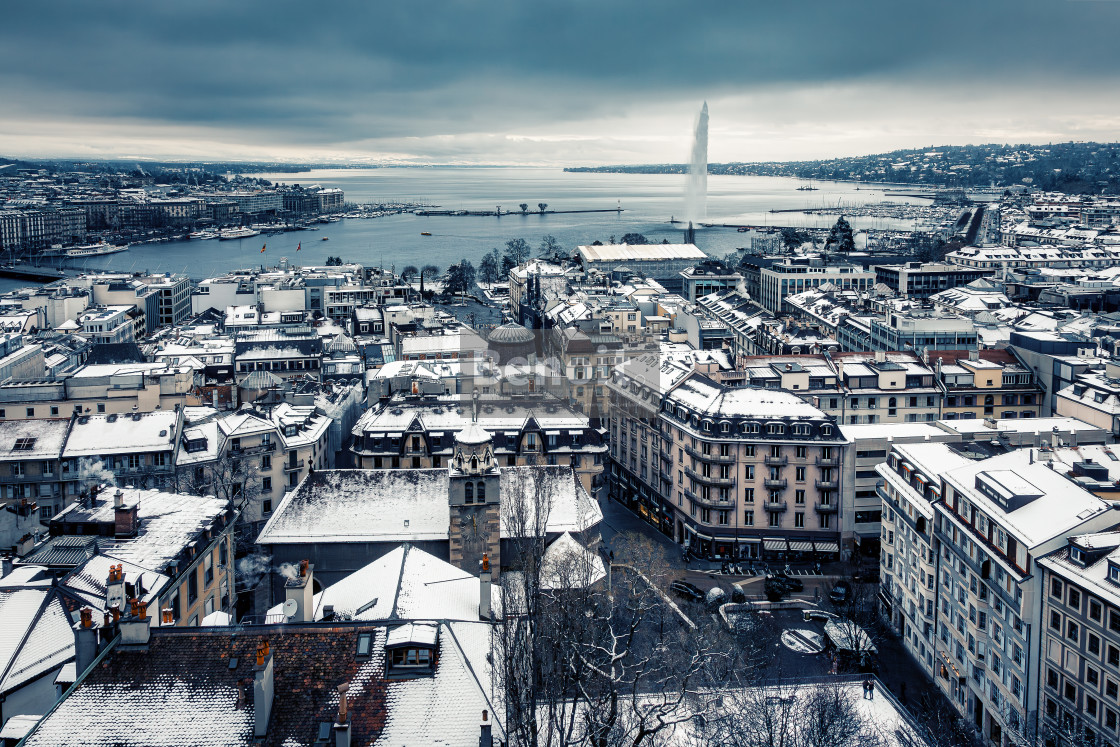 "Aerial View of Snow-Covered Geneva Harbor, Switzerland" by Benoit Bruchez - $31.39 "Aerial View of Snow-Covered Geneva Harbor, Switzerland" stock image