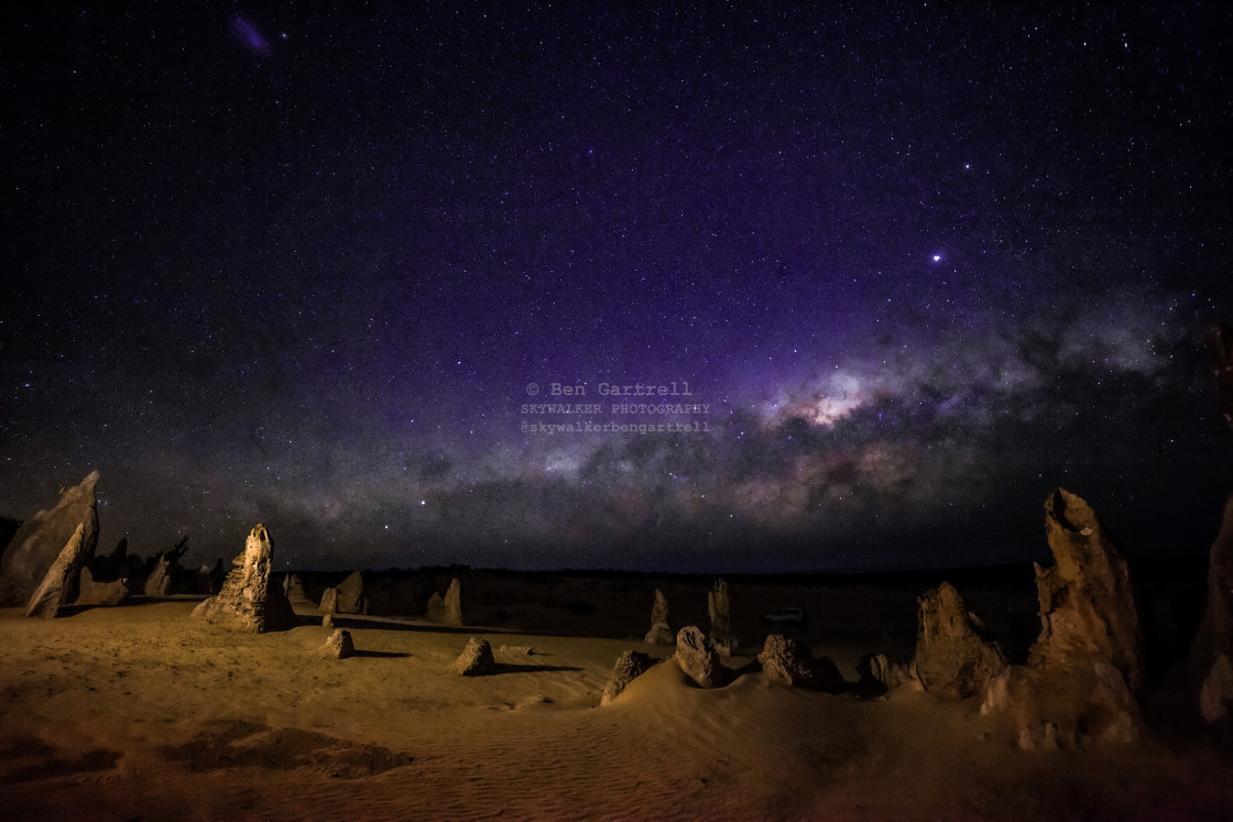 "Pinnacles at night with purple sky" stock image