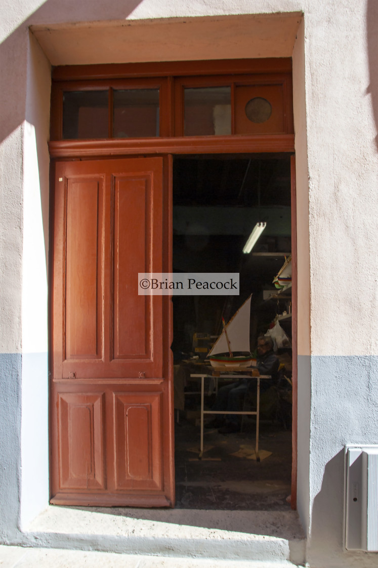 "Back street French model maker's workshop, Collioure" stock image