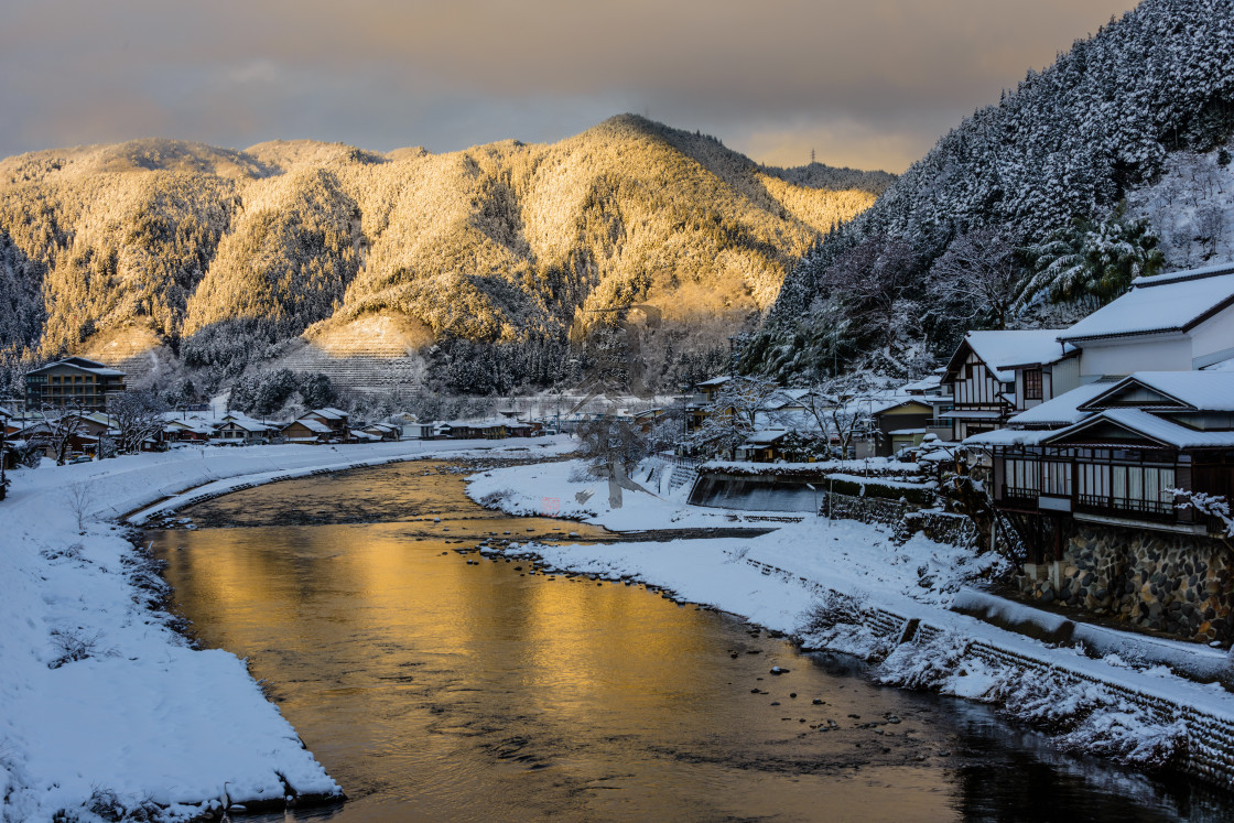 "Winter Sunrise in the Mountains Surrounding Gujo Hachiman Japan" stock image