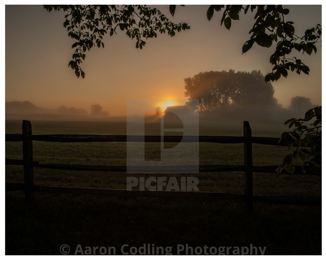 "Southern Vermont horse farm sunrise." stock image