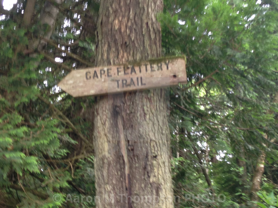 "Cape Flattery Trail Sign, Neah Bay, WA" stock image