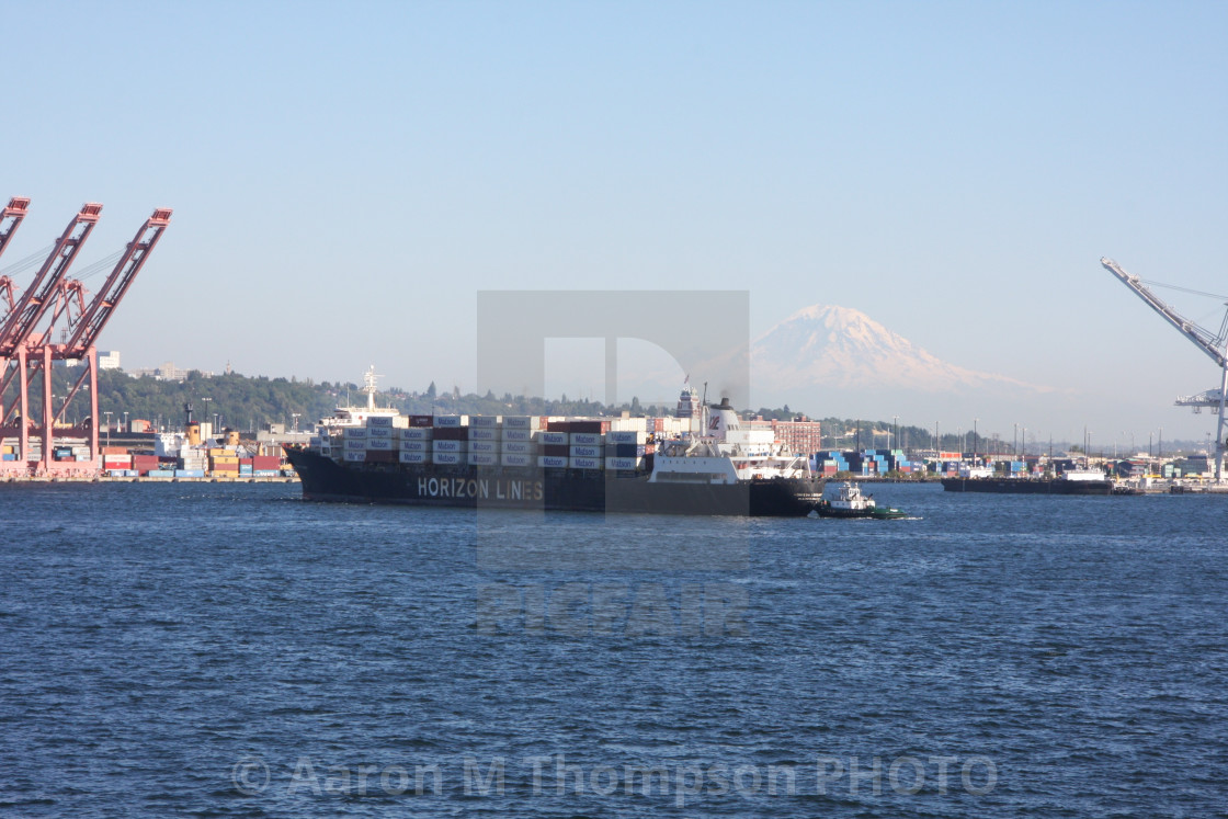 "Tanker in front of Mount Rainer" stock image