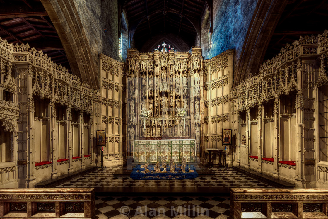 "Nativity scene in front of the altar at St Nicholas Cathedral - Newcastle upon Tyne - England" stock image