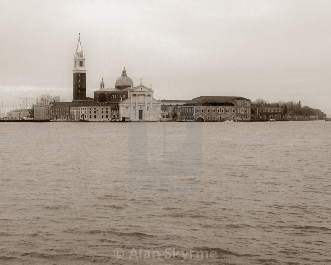 "View of San Giorgio Maggiore across San Marco basin - sepia" stock image