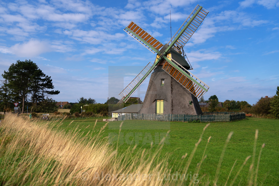 "Windmill, Nebel, Amrum, Germany" stock image