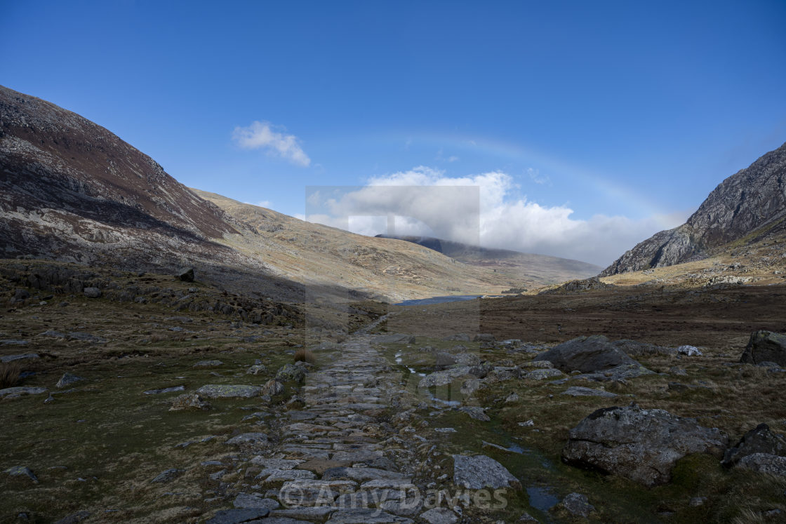 "Rainbow over Llyn Idwal" stock image