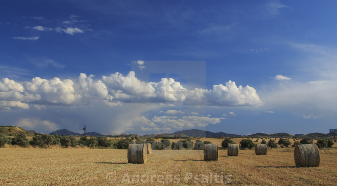 "Panoramic View Of Hay Bales On Autumn. Agricultural Landscape field" by Andreas Psaltis - £12.40 "Panoramic View Of Hay Bales On Autumn. Agricultural Landscape field" stock image
