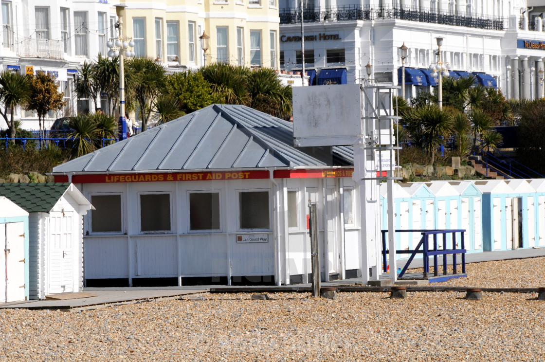 "Lifeguard First Aid Post. Eastbourne, East Sussex, UK." stock image