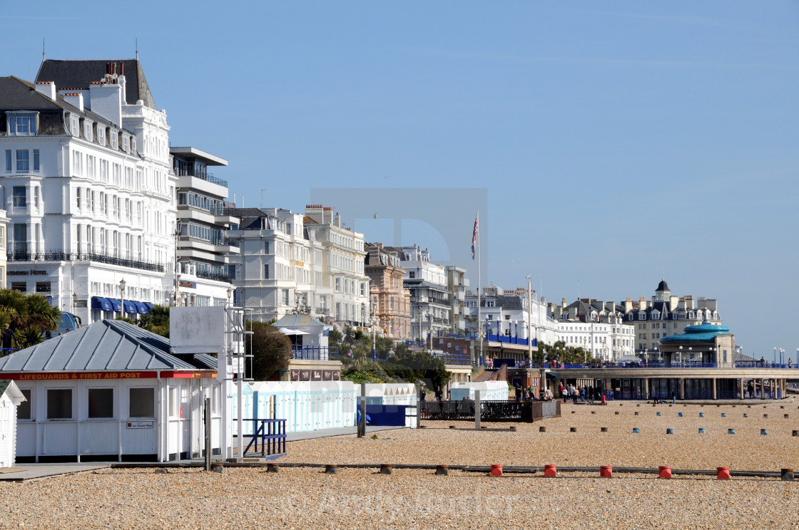 "Eastbourne Beach, showing Lifeguard First Aid Post and Band Stand." stock image