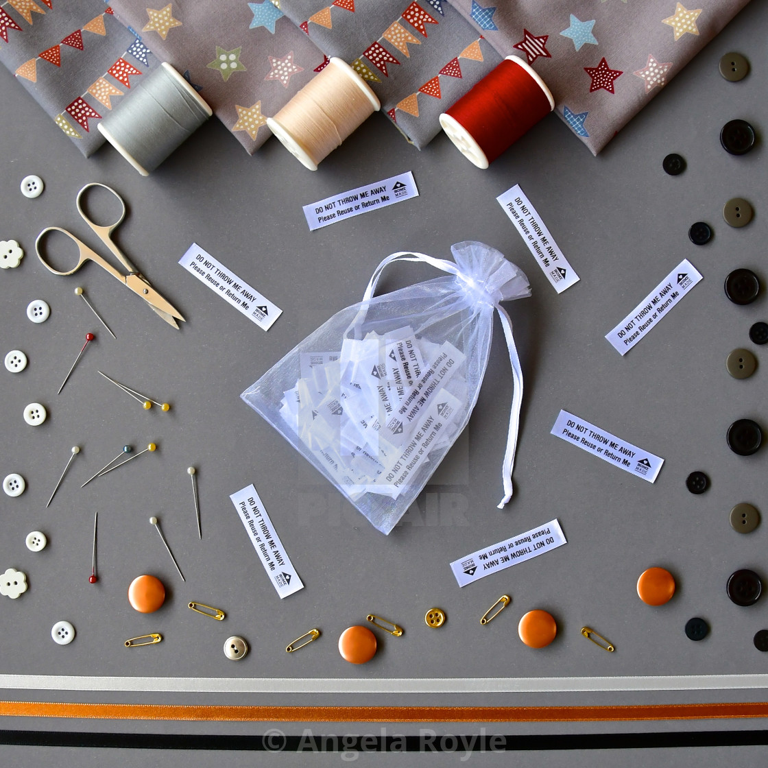 "Sewing accessories flat lay." stock image