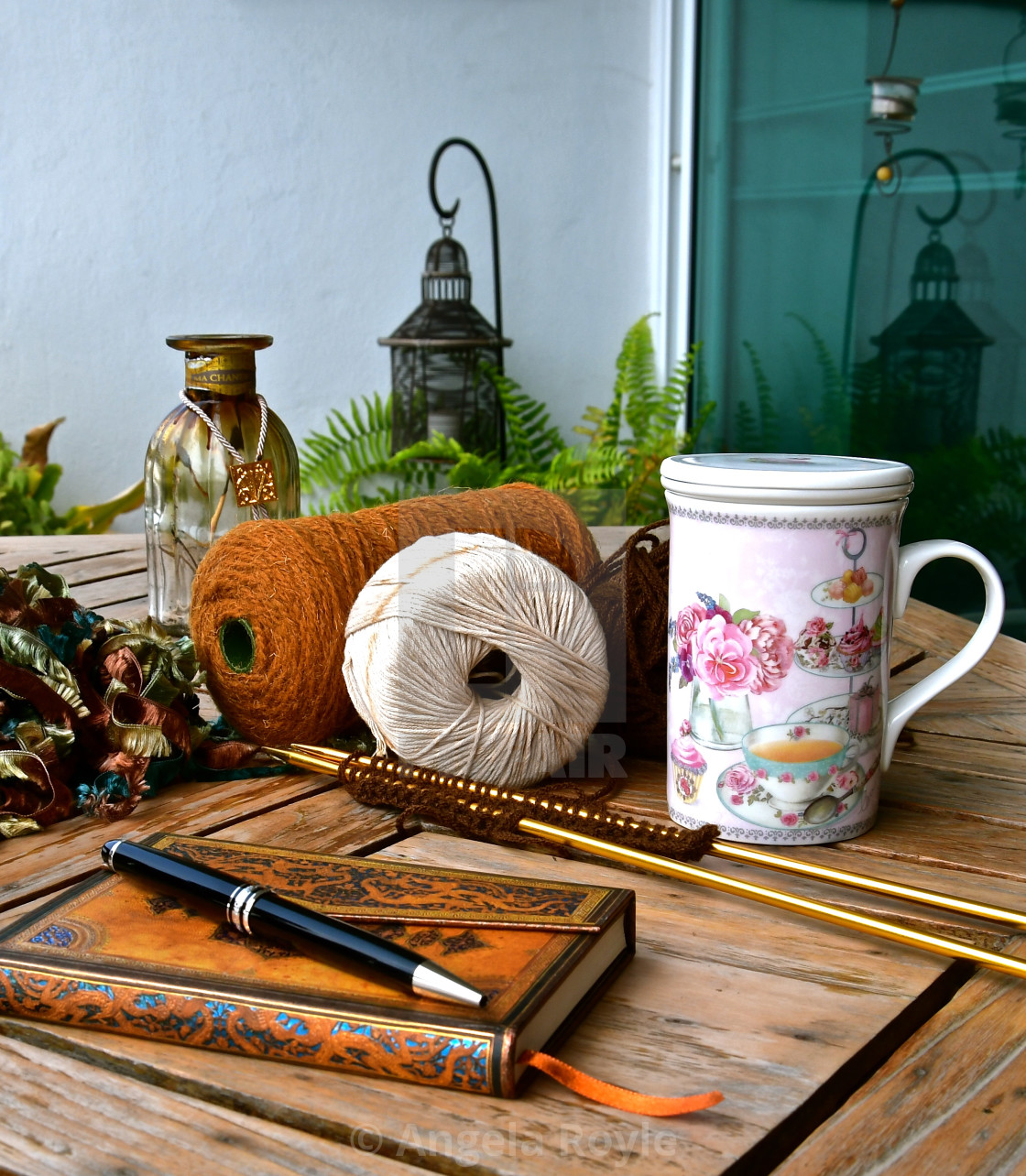 "Knitting, journalling, gardening and relaxing." stock image