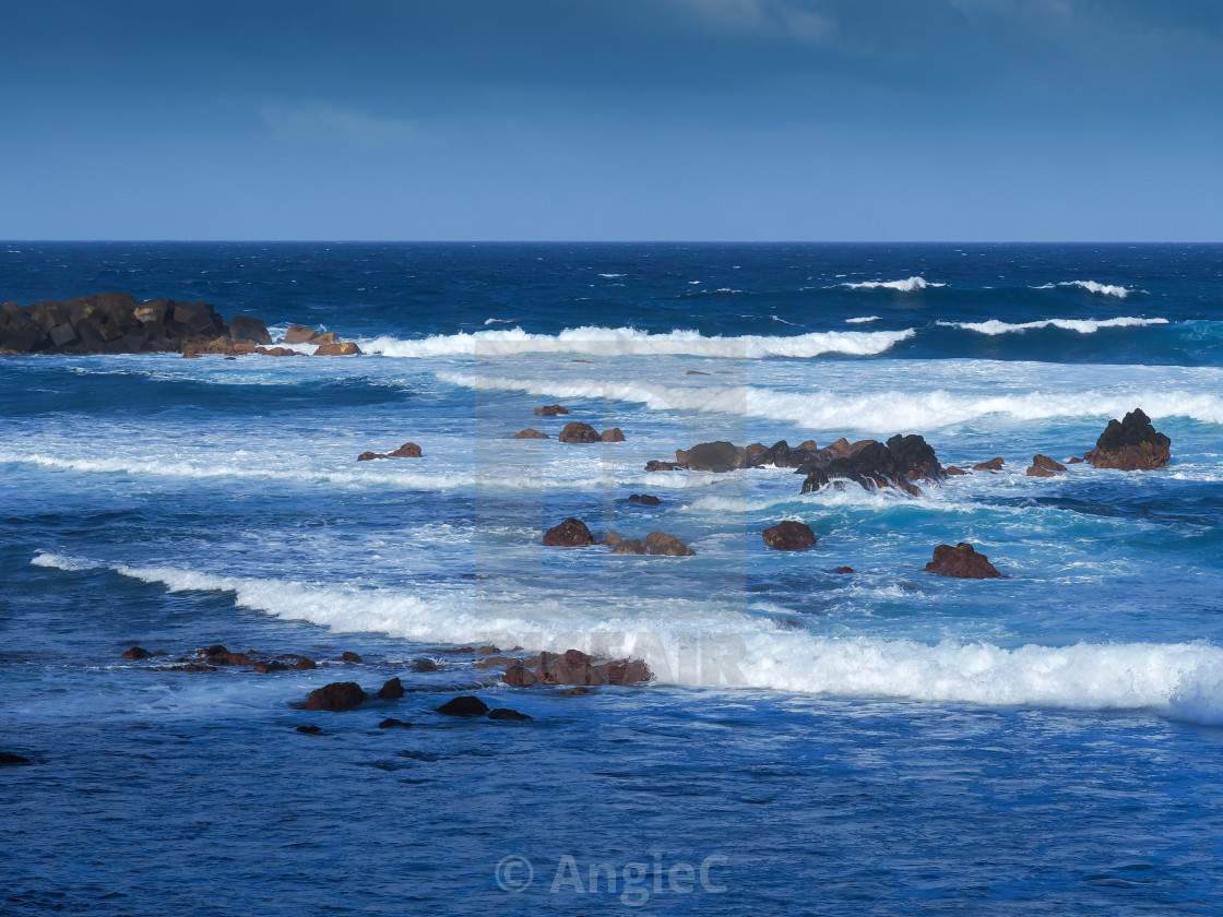 "Waves and rocky shore at Puerto de la Cruz, Tenerife, Canary Islands" stock image