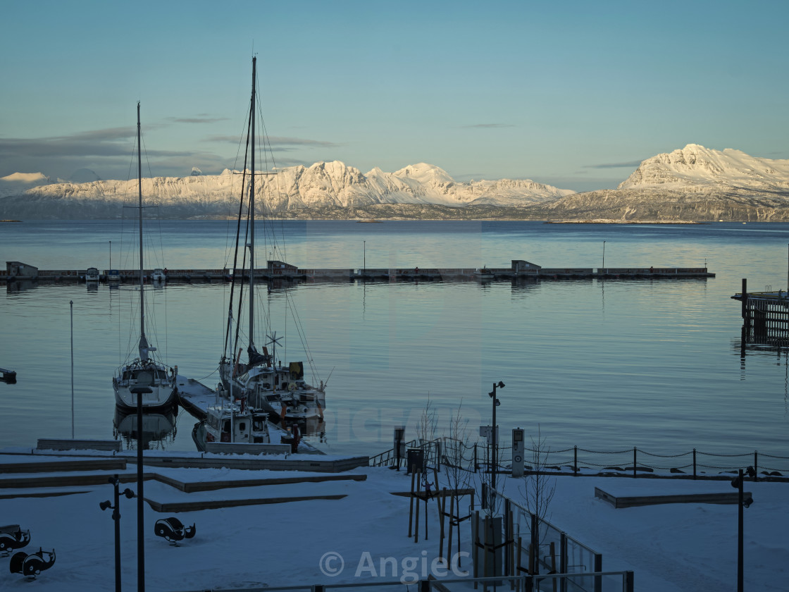"Sailing boats moored at Harstad, Norway, with snow capped mountains" stock image