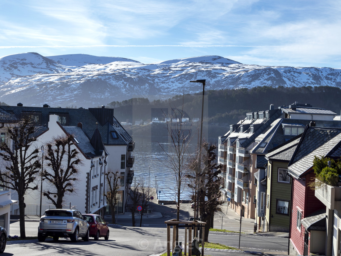 "View down a street to the sea at Alesund, Norway" stock image