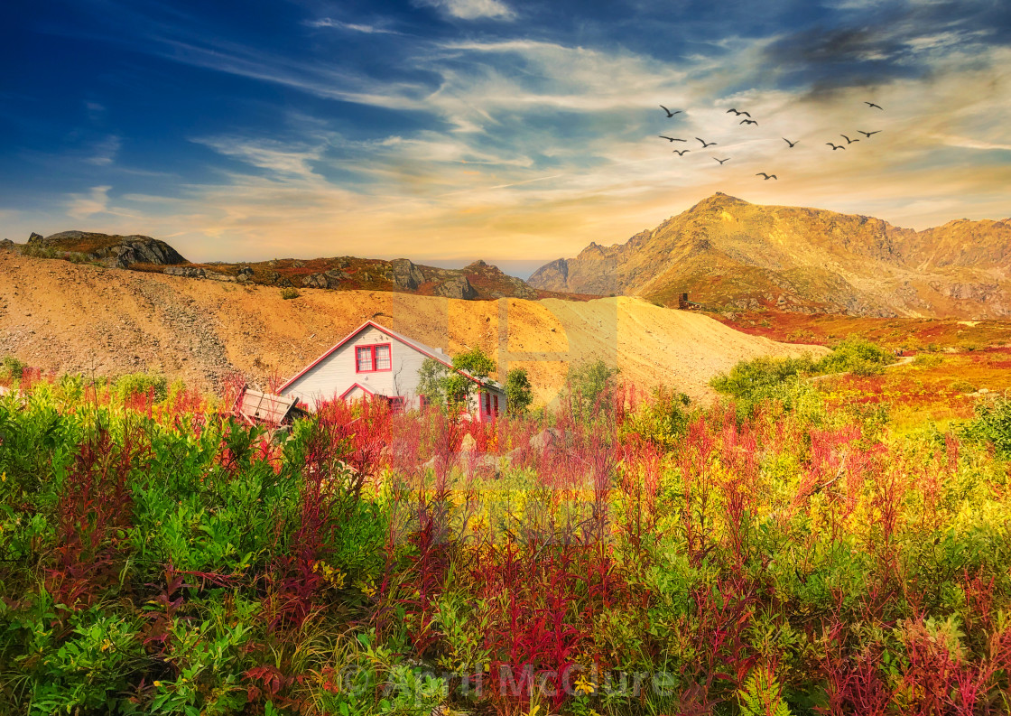 "Alaska Prairie House framed by a Field of Fall Colors" stock image