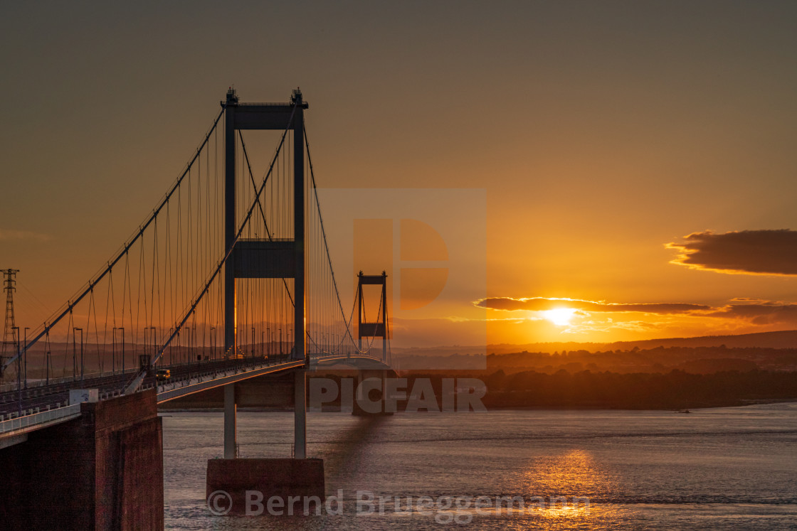 "Severn Bridge, seen from Aust Cliff at the Severn View Services, South..." stock image