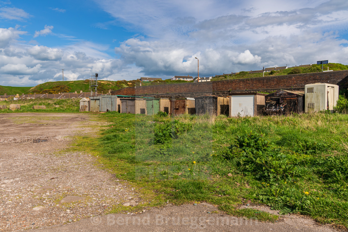 "Fishermen's Huts in Parton Beach, Cumbria, England" stock image