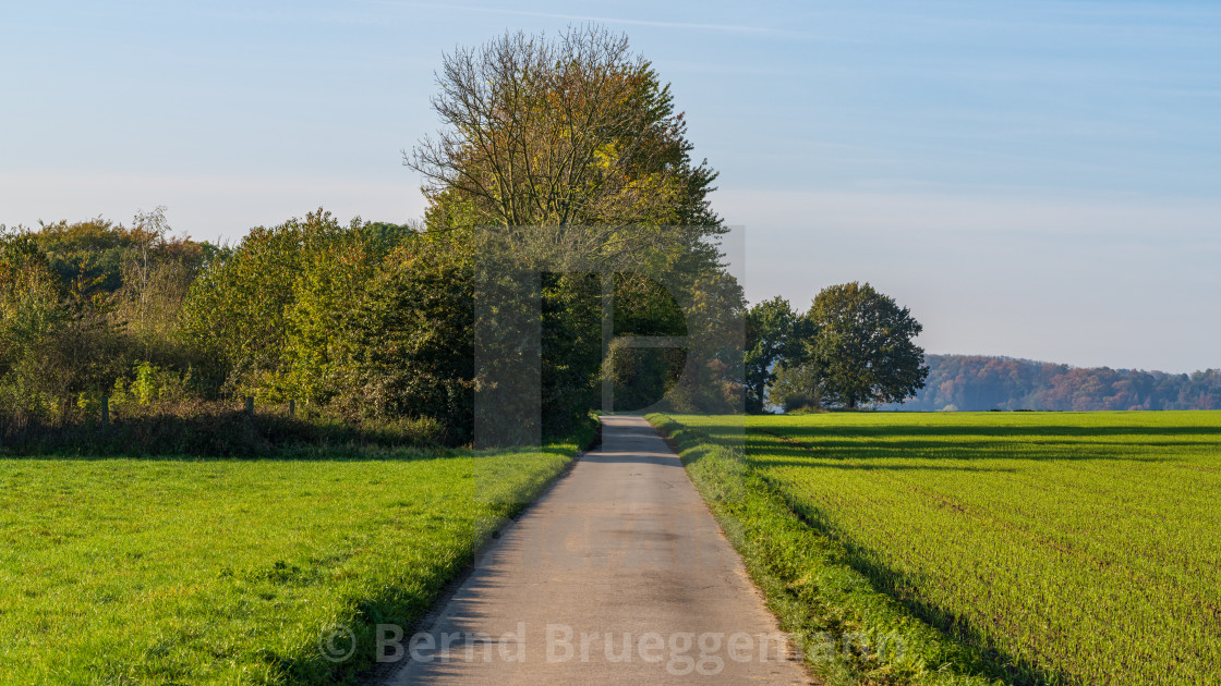 "A rural road with some fields, Muelheim an der Ruhr, North Rhine-Westfalia,..." stock image