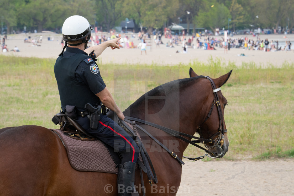 "Mounted police officer points at crowded Woodbine Beach, Toronto, during stay-at-home order" by Beth Baisch - $12.33 "Mounted police officer points at crowded Woodbine Beach, Toronto, during stay-at-home order" stock image