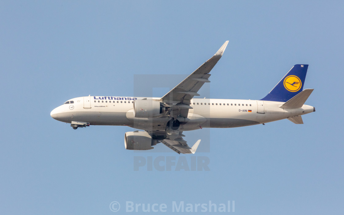 "Lufthansa Airbus A320-271N in flight" stock image