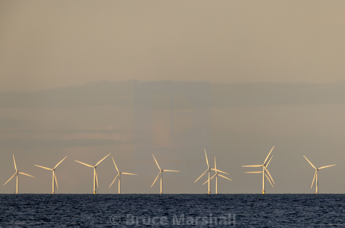 "Windfarm off Norfolk coast in England" stock image