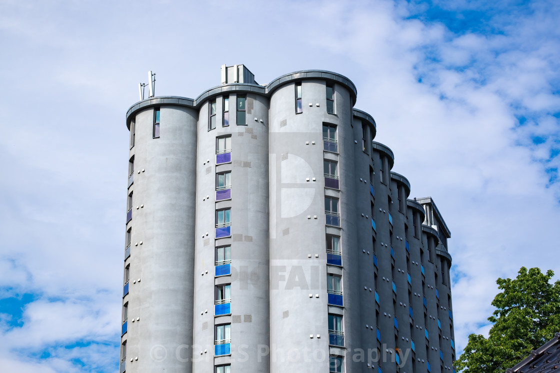 "Grain silos refitted as student homes" stock image