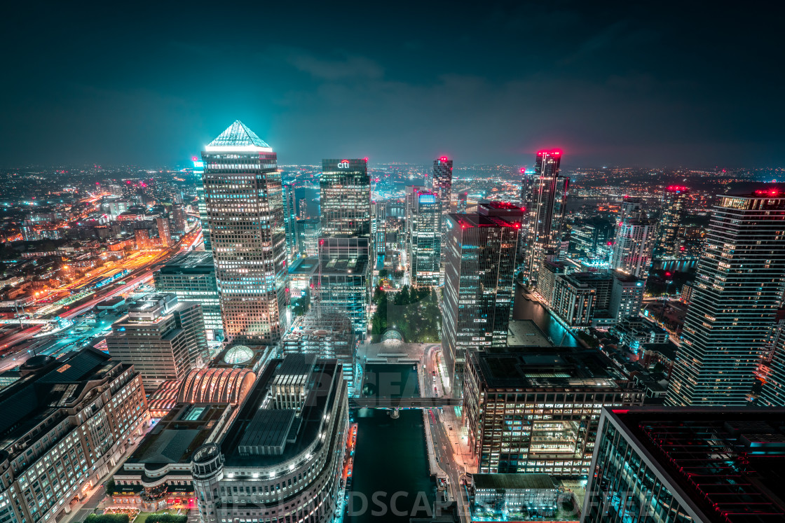 "Canary Wharf Synthwave, London" stock image