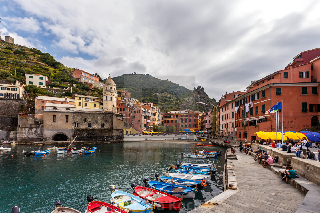 "Scene from the Marina in Vernazza, Italy" by Cara Koch - £10.00 "Scene from the Marina in Vernazza, Italy" stock image
