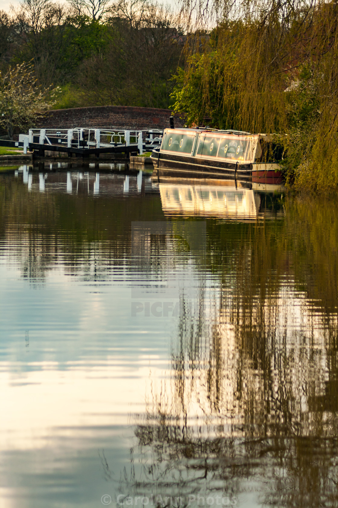 "Golden hour barge reflections" stock image