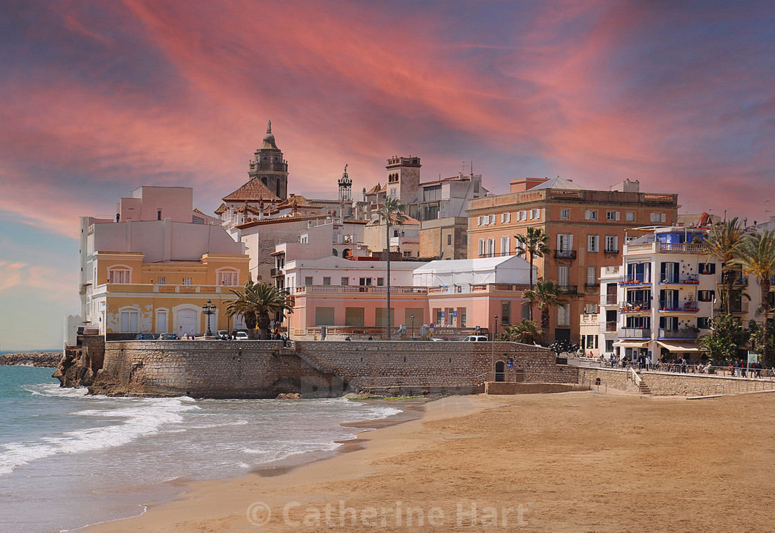 "Sitges old town, Catalonia, at sunset" stock image