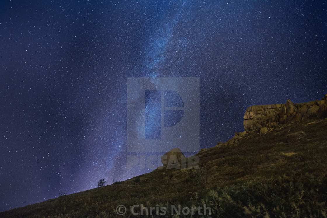 "Milky Way over the Cow and Calf rocks, Ilkley." stock image