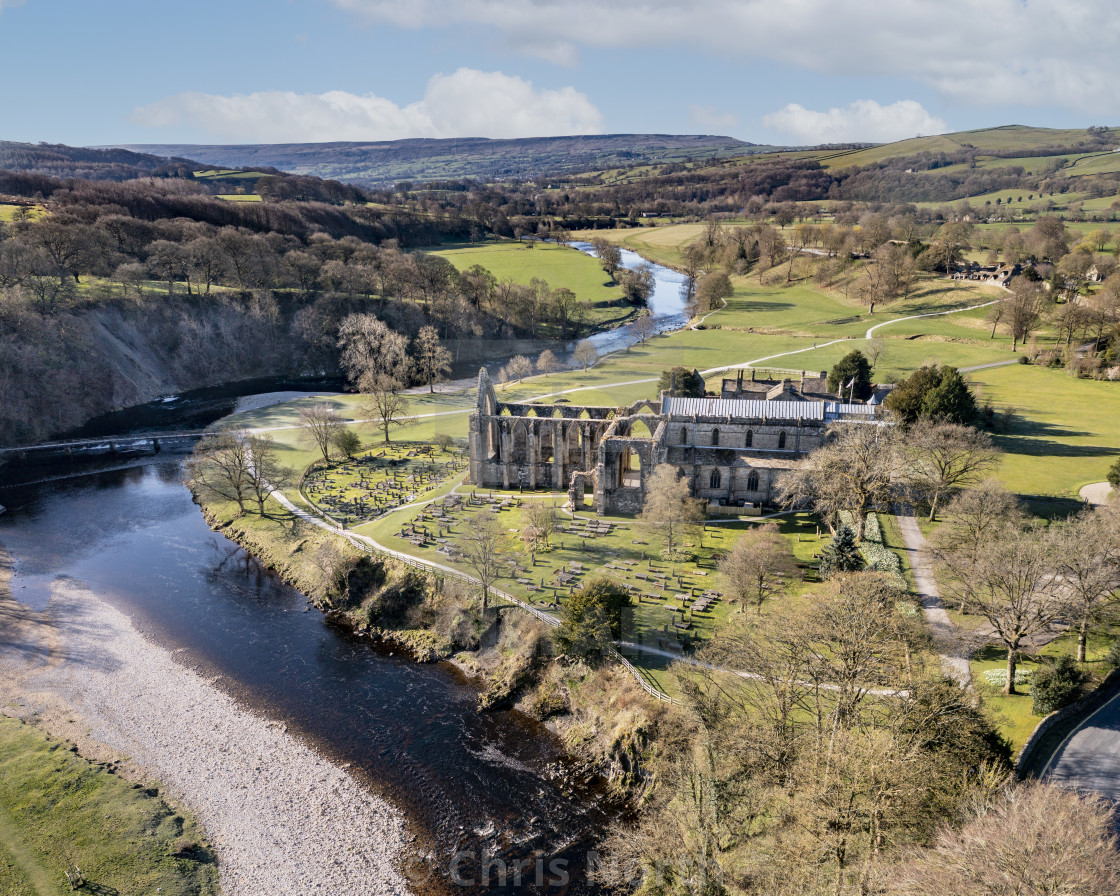 "Bolton Abbey, an aerial view." stock image