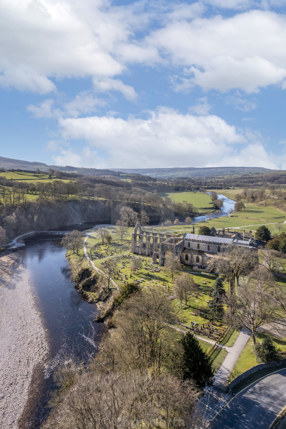 "Bolton Abbey, an aerial view." stock image