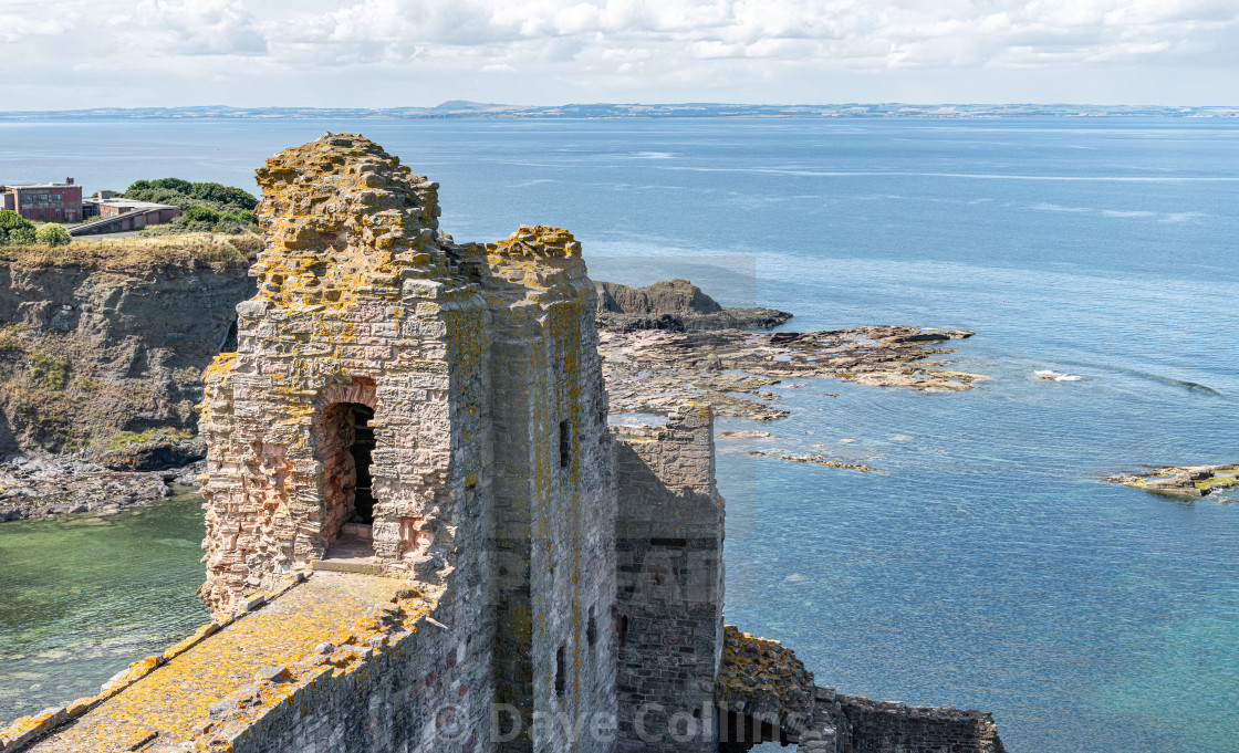 "The top of the wall of Tantallon Castle with the North East tower, North Berwick, East Lothian, Scotland" stock image