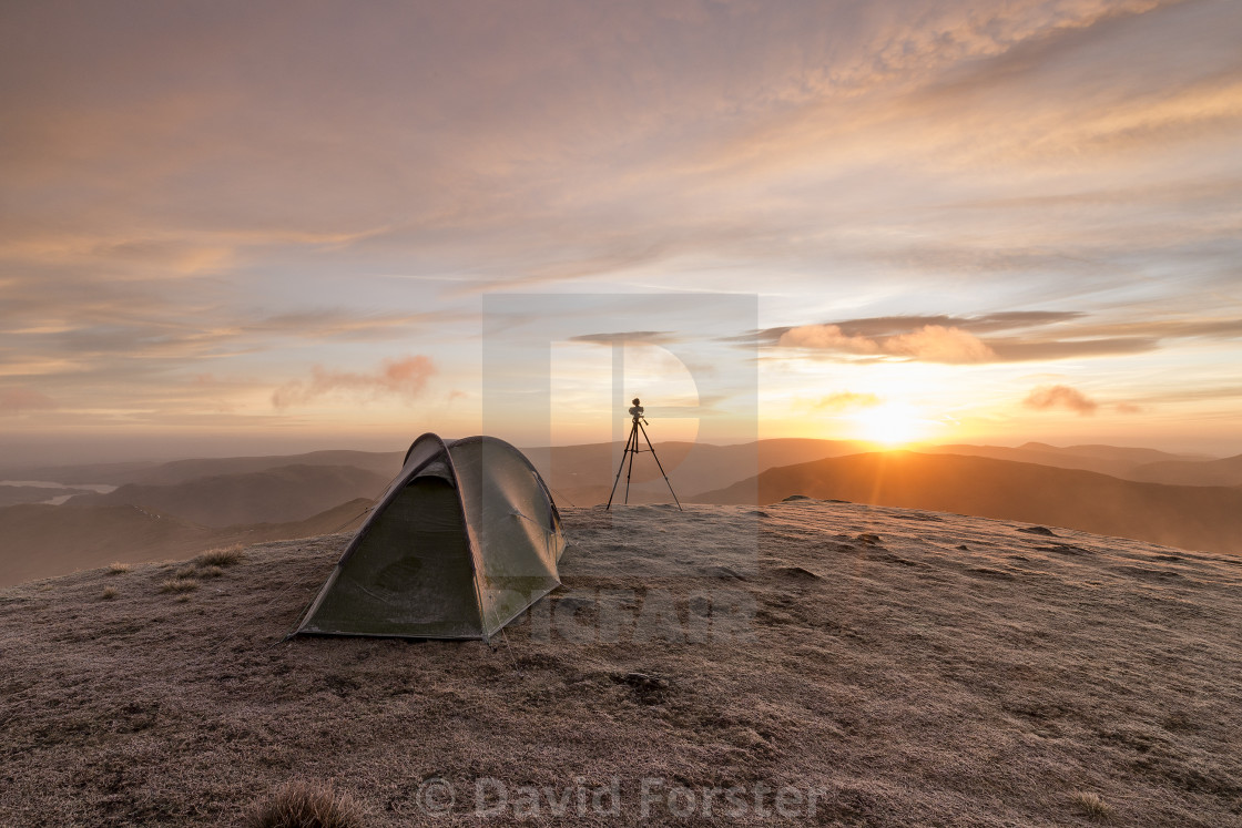 "Wild Camping on a Frosty Winter Morning, Lake District" stock image