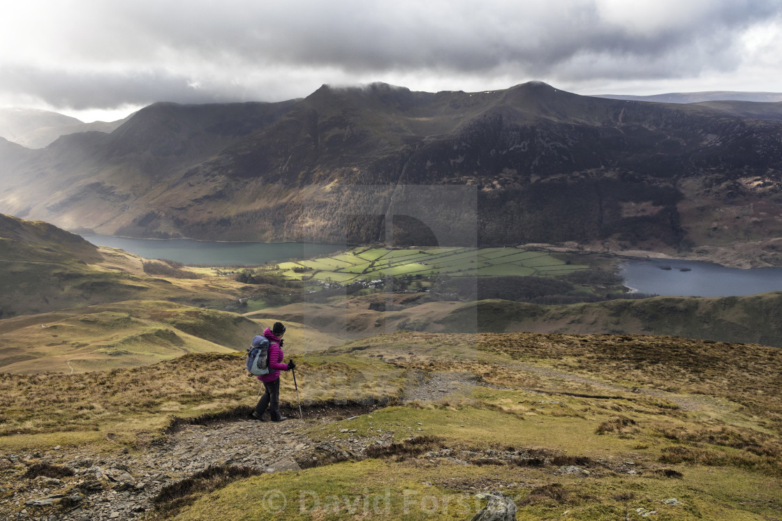 "Walker Descending from Whiteless Pike, Lake District, Cumbria, UK" stock image