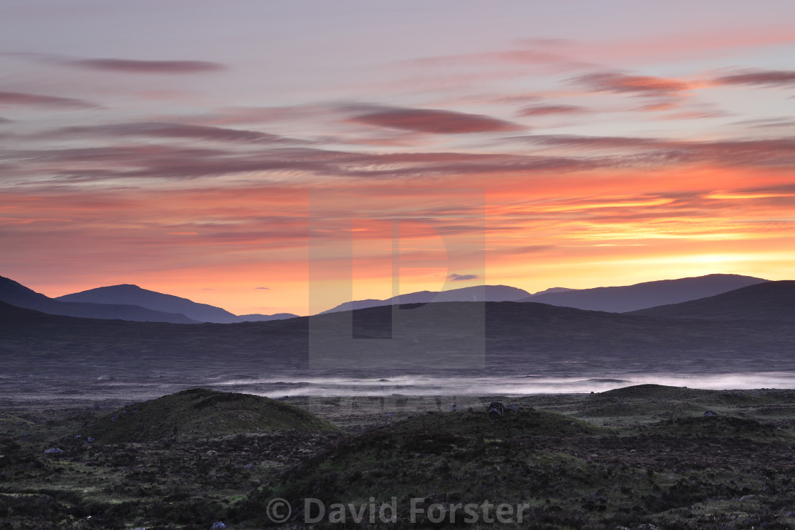 "Colourful Dawn Light and Mist on Rannoch Moor, Scotland, UK" stock image