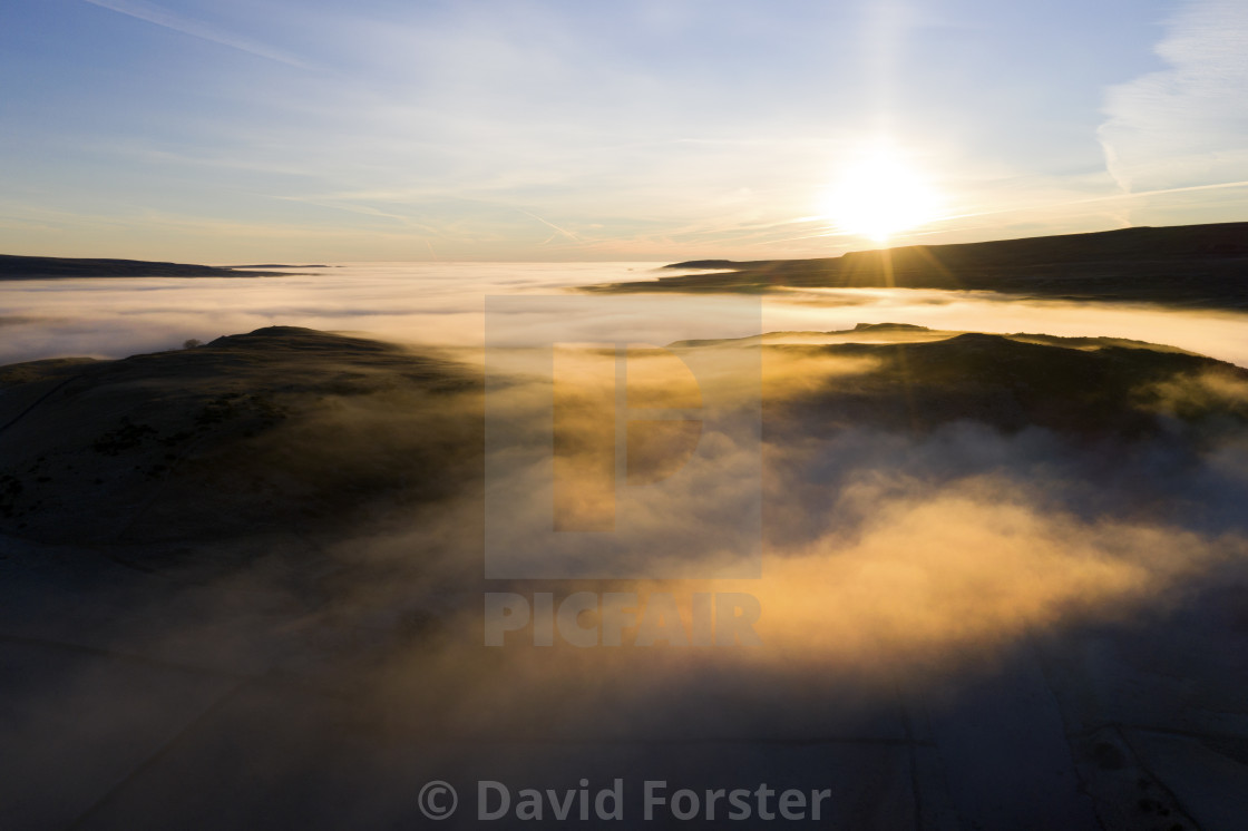 "Mist and Fog at Sunrise in Upper Teesdale, County Durham, UK" stock image