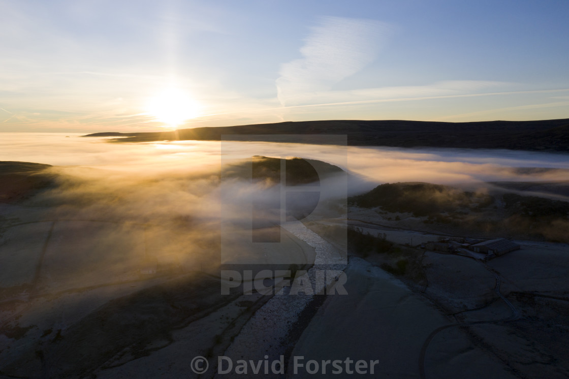 "Mist and Fog at Sunrise in Upper Teesdale, County Durham, UK" stock image